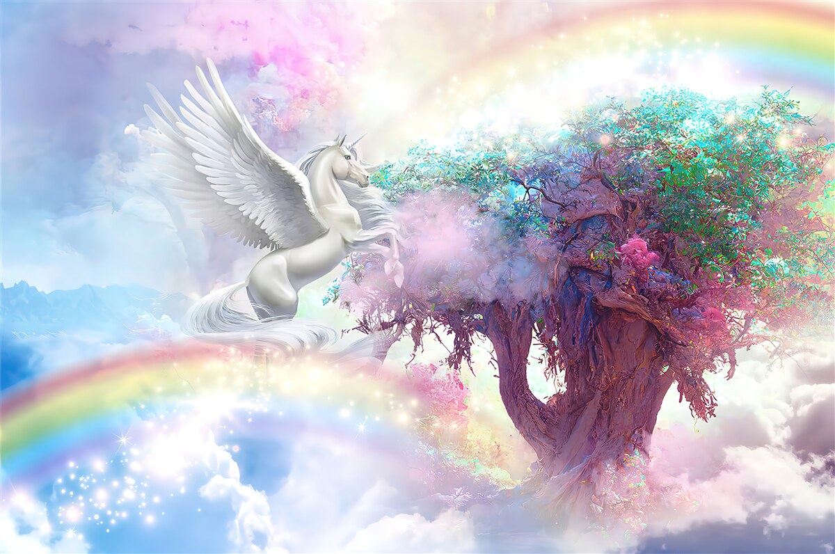 Fototapeta pegaz podlatuje do drzewa