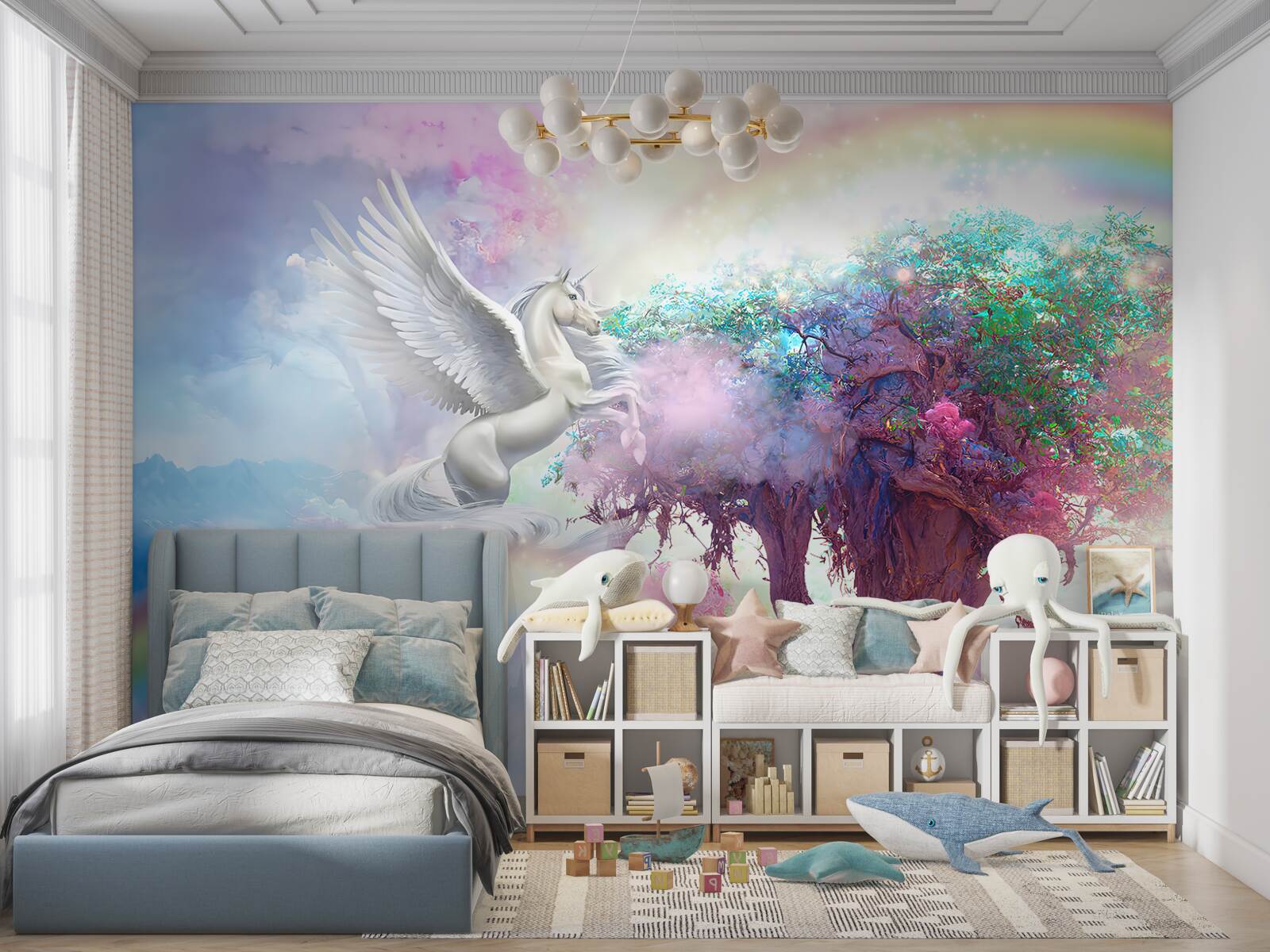 Fototapeta pegaz podlatuje do drzewa