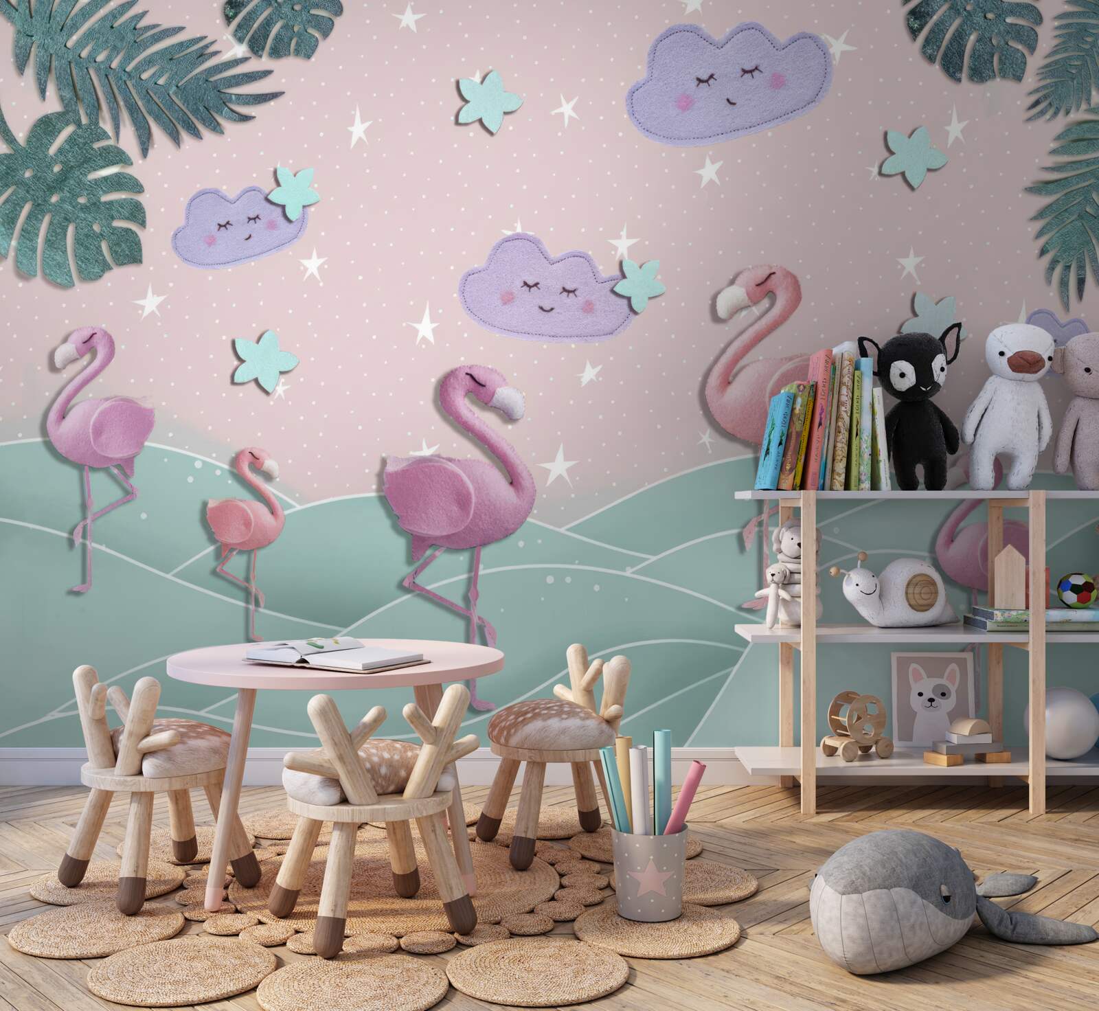 Fototapeta różowe flamingi balansują na jednej nodze