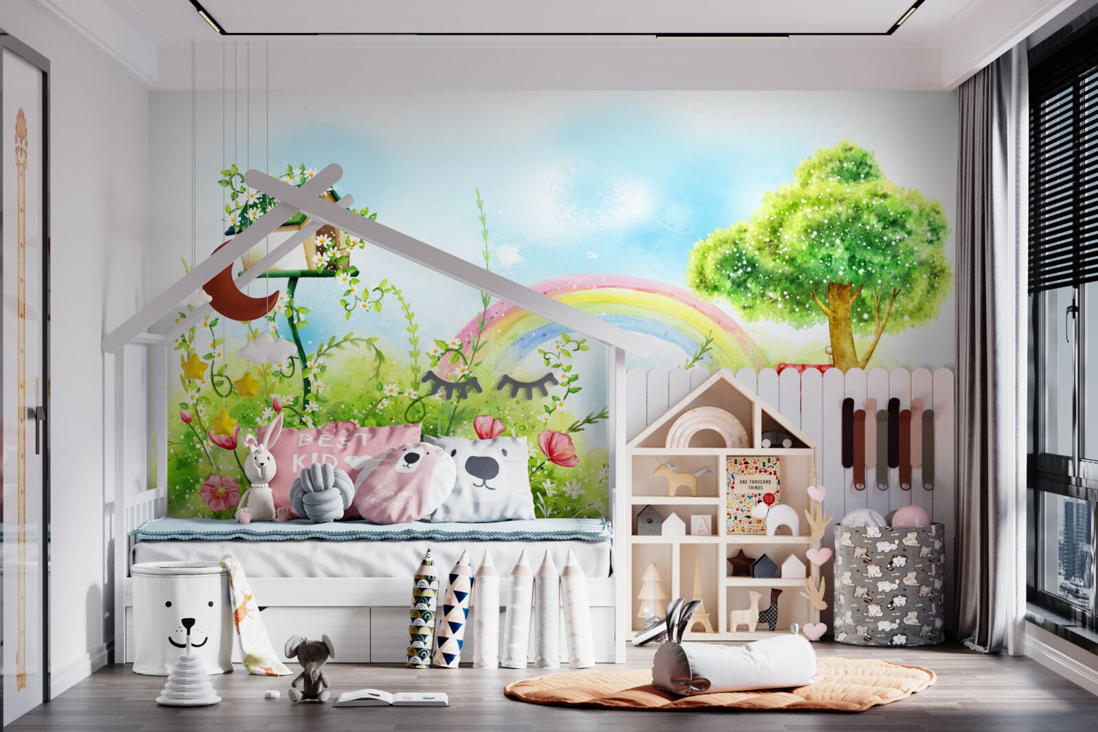 Fototapeta trawnik, mały dom i wielobarwny łuk