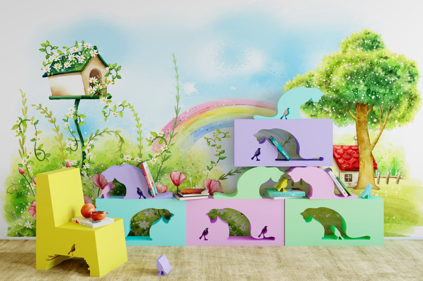 Fototapeta trawnik, mały dom i wielobarwny łuk