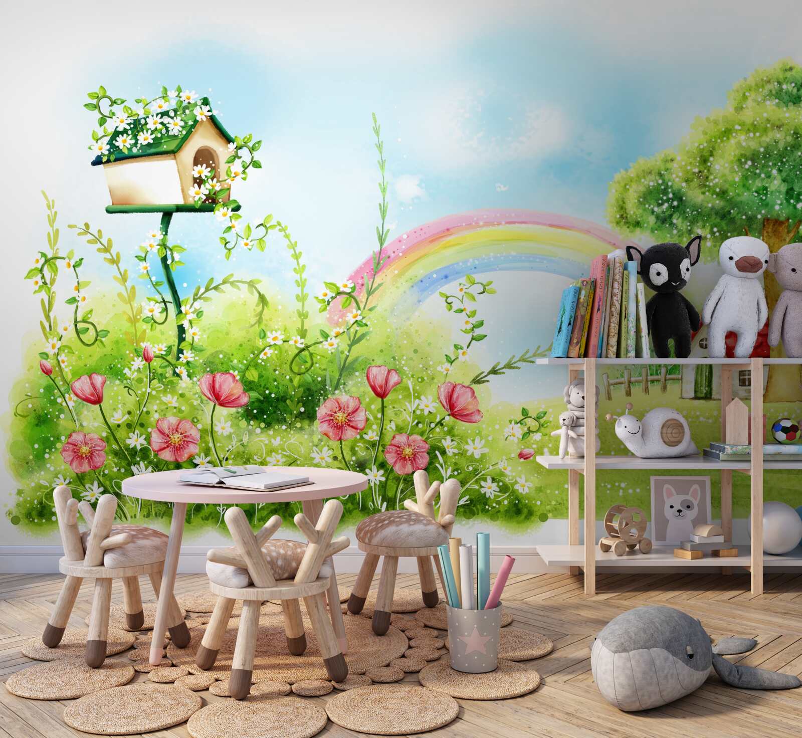 Fototapeta trawnik, mały dom i wielobarwny łuk