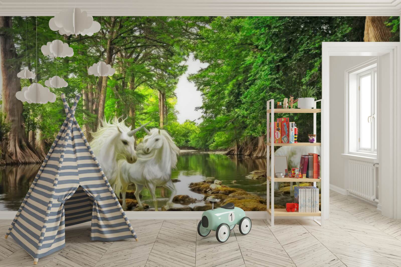 Fototapeta w lesie nad wodą znajdują się trzy lekkie pegazy