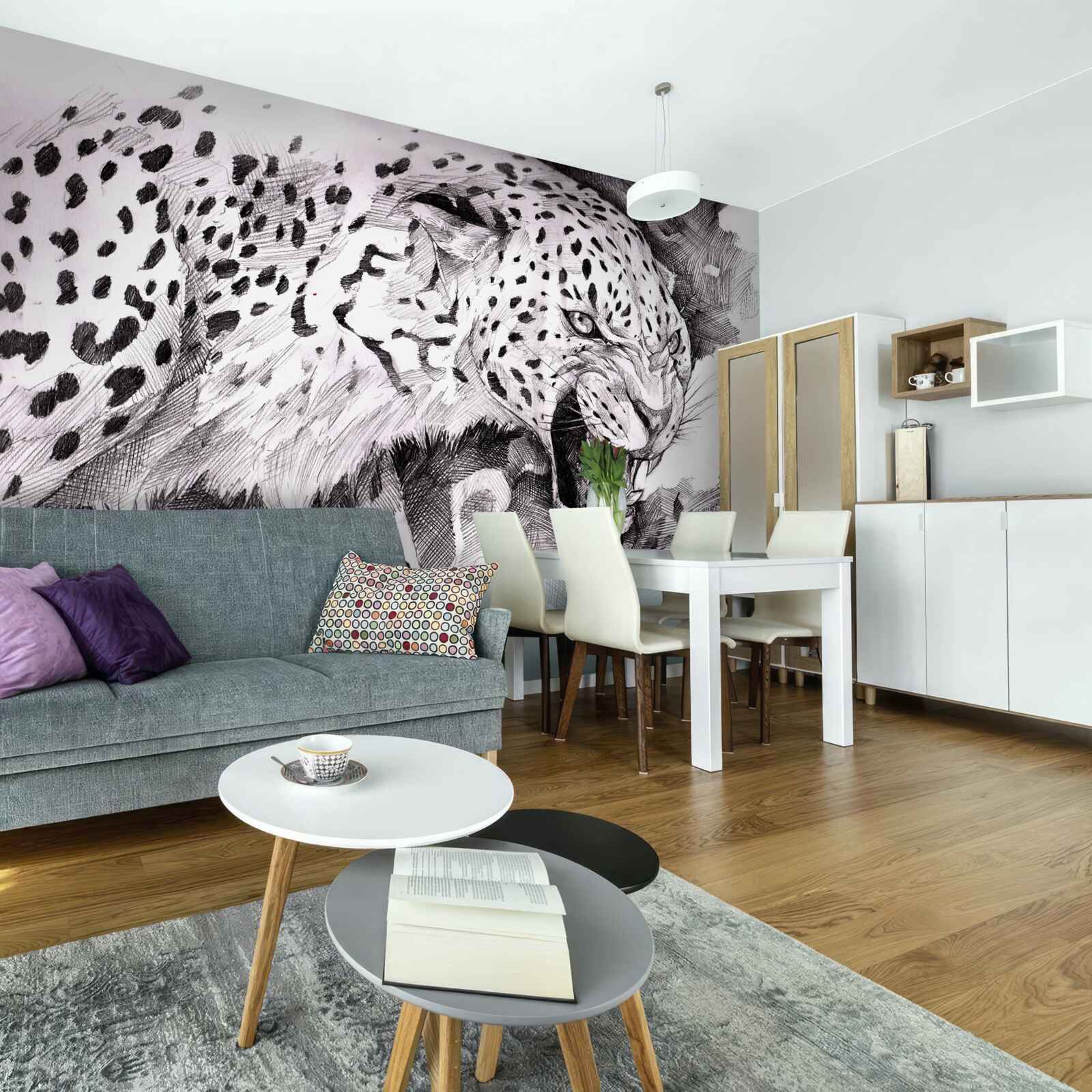 Fototapeta agresywny lampart w czarno-białych kolorach