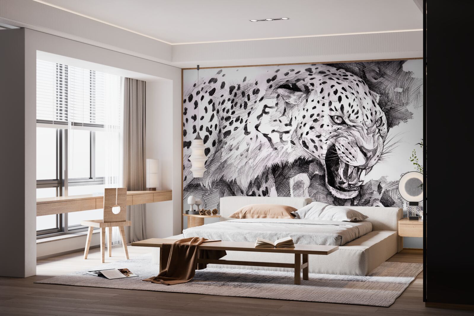 Fototapeta agresywny lampart w czarno-białych kolorach