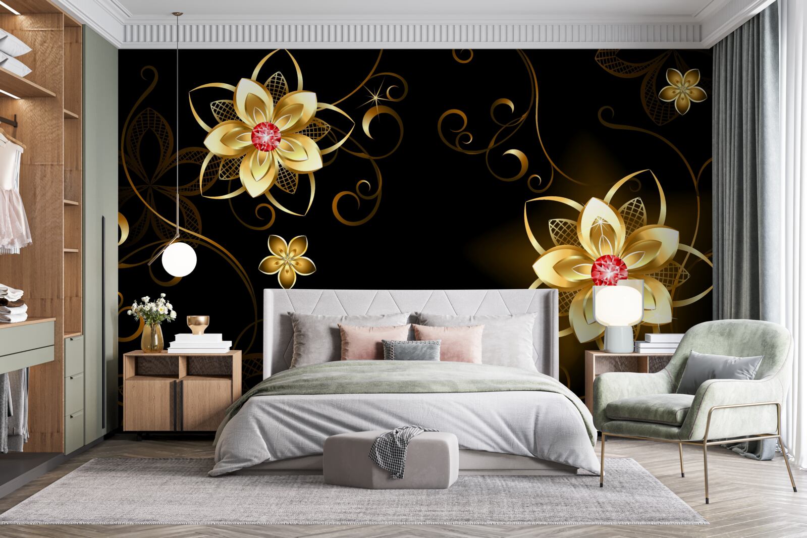 Fototapeta złote kwiaty na czarnym tle