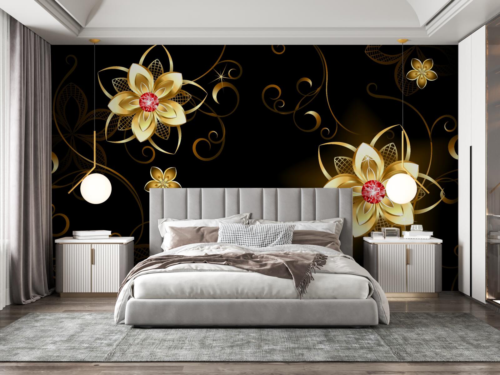 Fototapeta złote kwiaty na czarnym tle