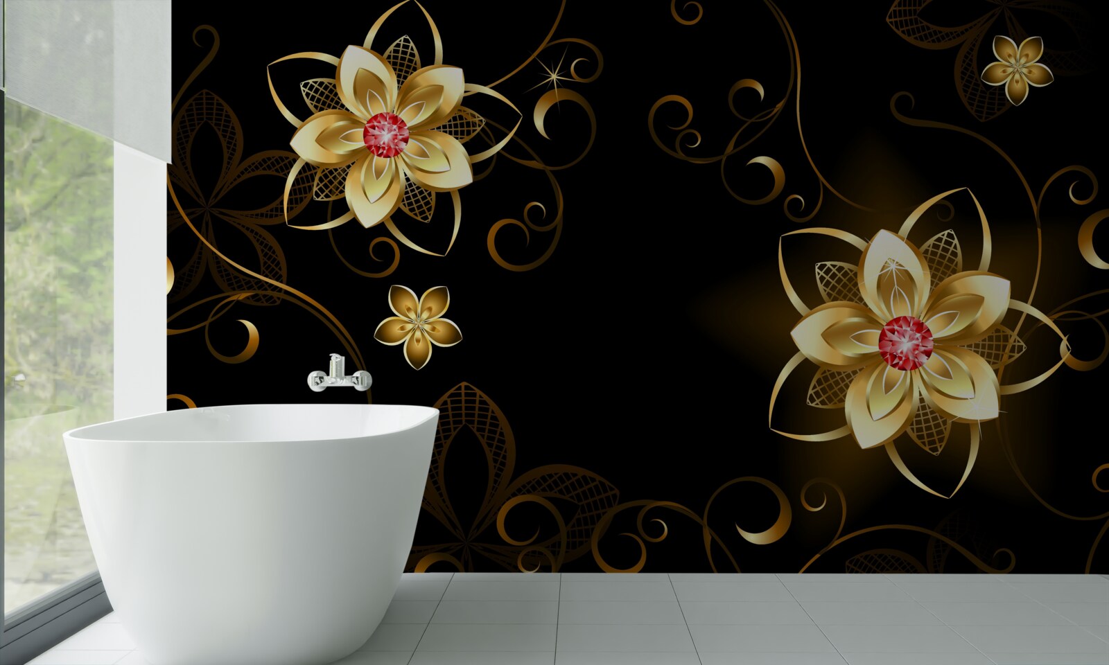 Fototapeta złote kwiaty na czarnym tle