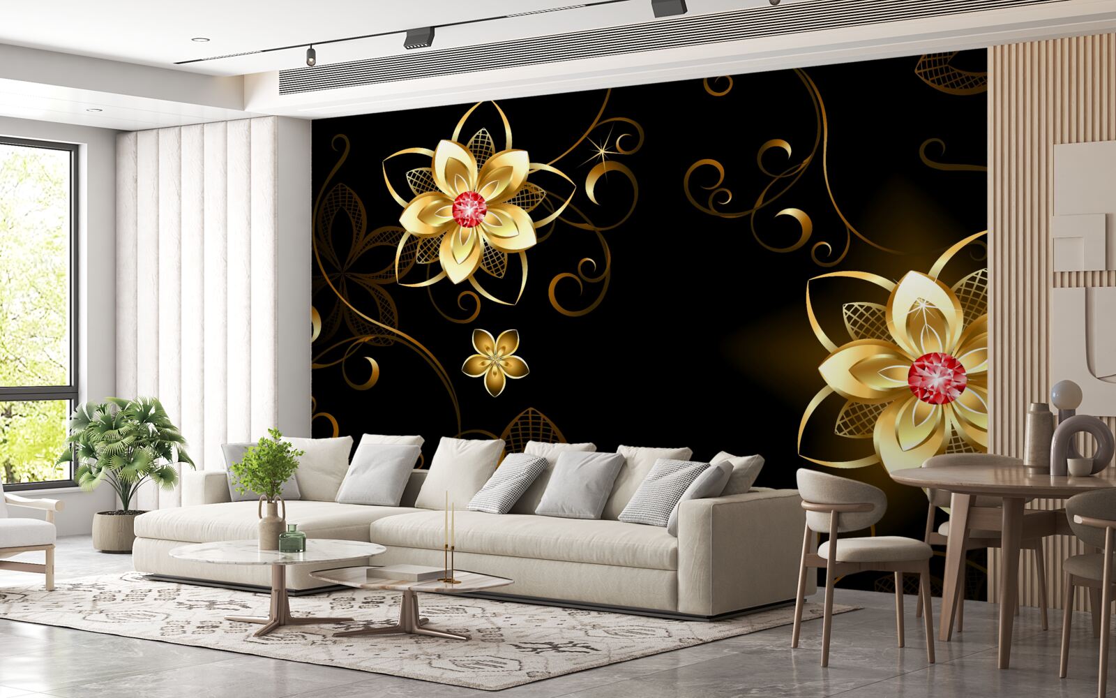 Fototapeta złote kwiaty na czarnym tle