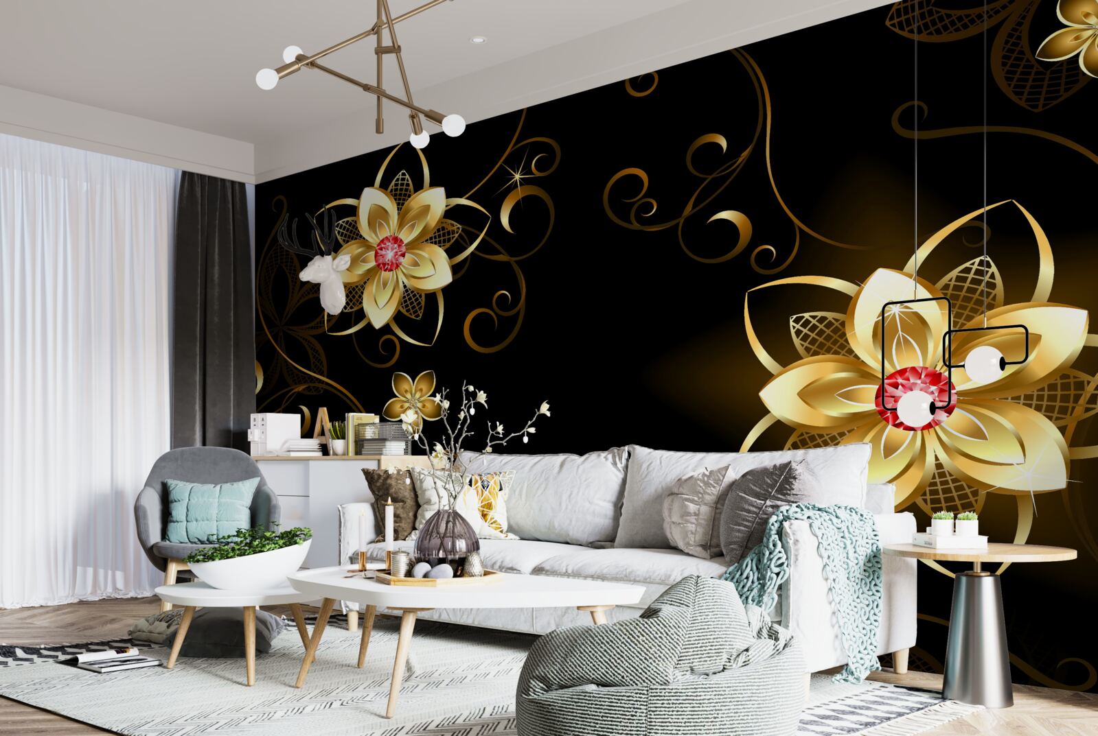 Fototapeta złote kwiaty na czarnym tle