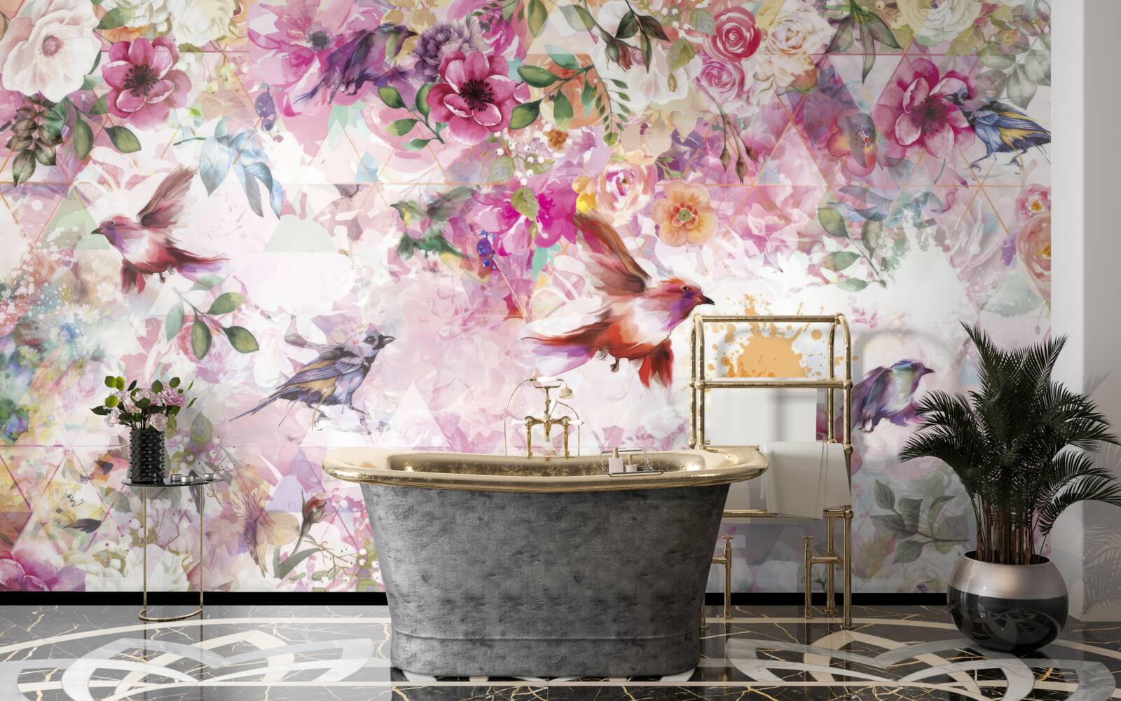 Fototapeta tło z kwiatami i ptakami