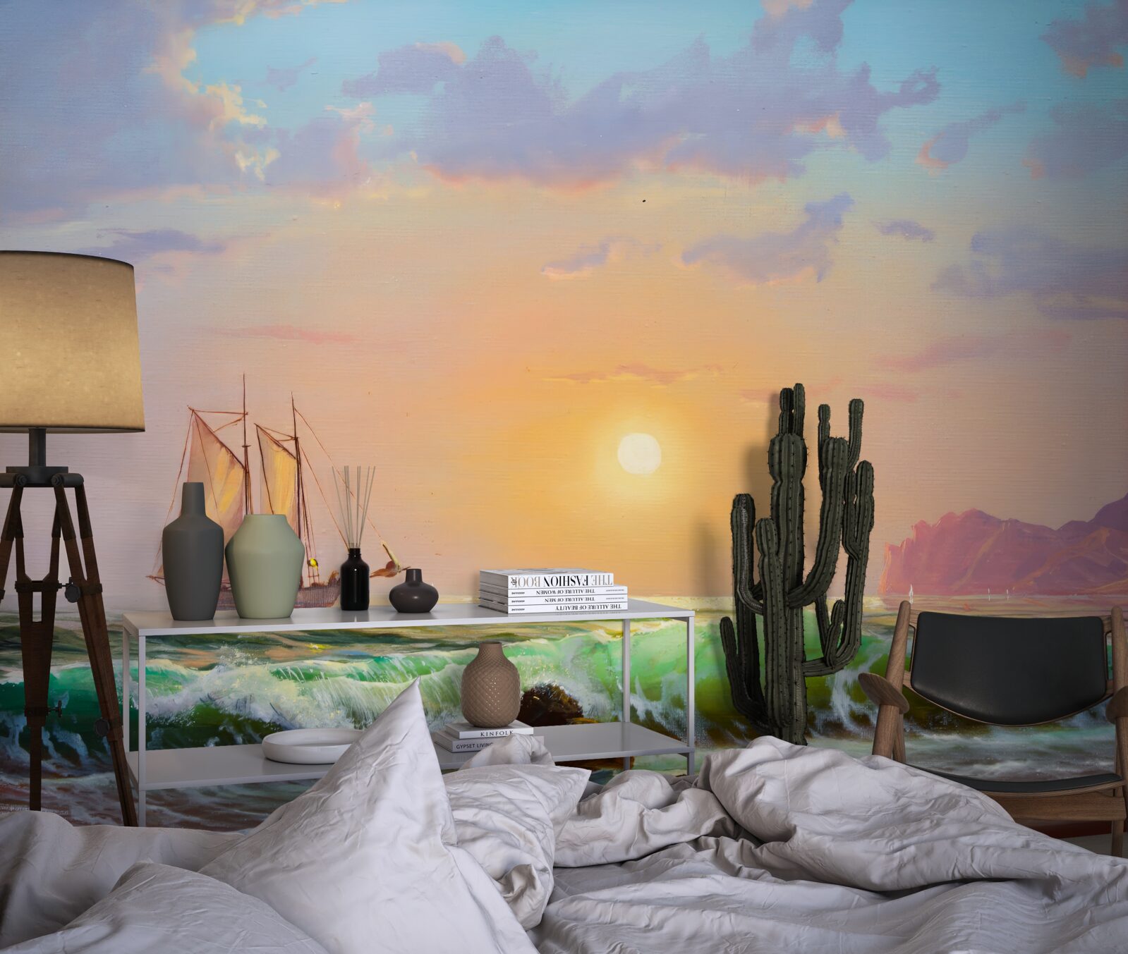 Fototapeta statek przepływa na tle zachodu słońca