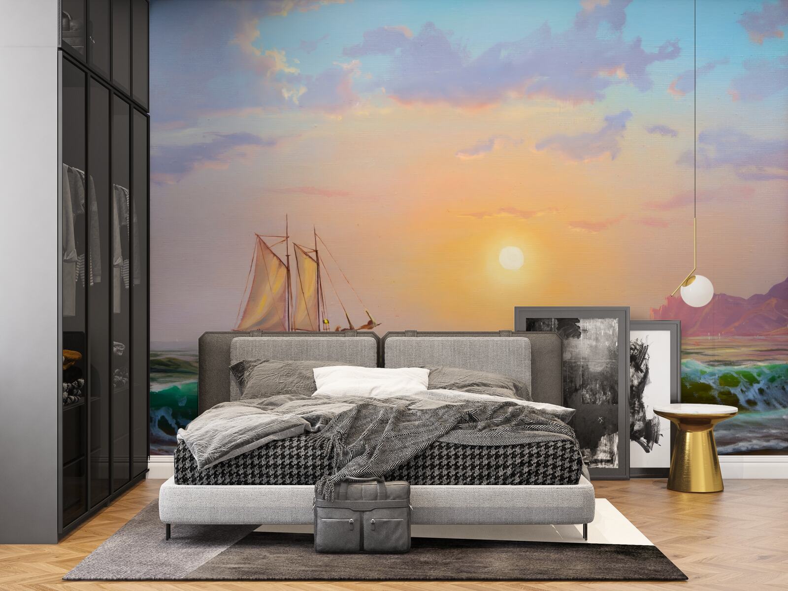 Fototapeta statek przepływa na tle zachodu słońca