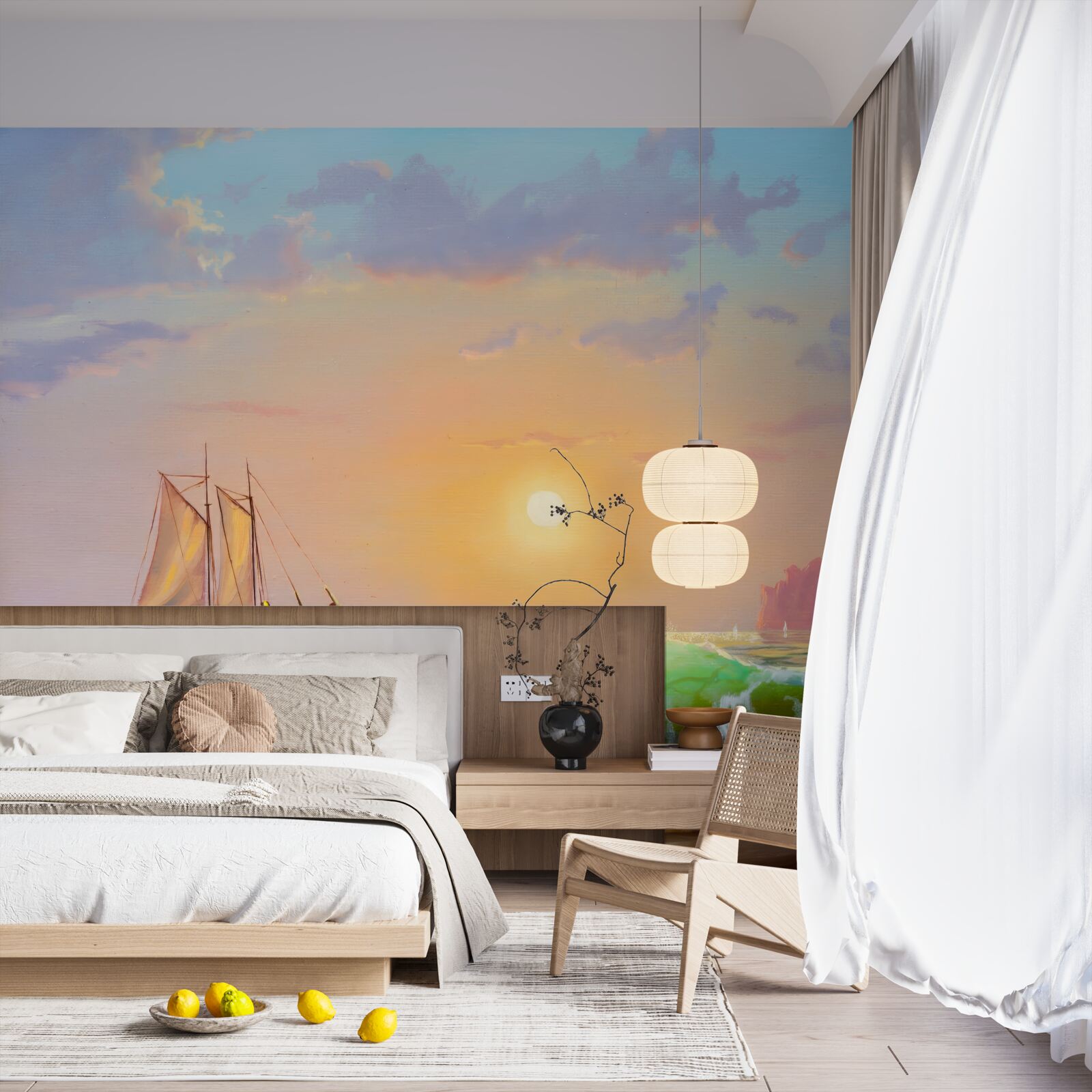 Fototapeta statek przepływa na tle zachodu słońca