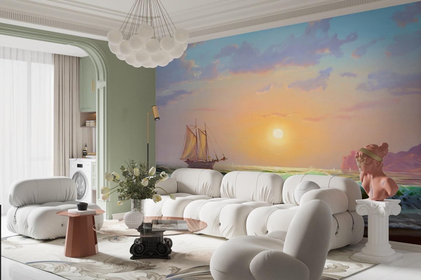 Fototapeta statek przepływa na tle zachodu słońca