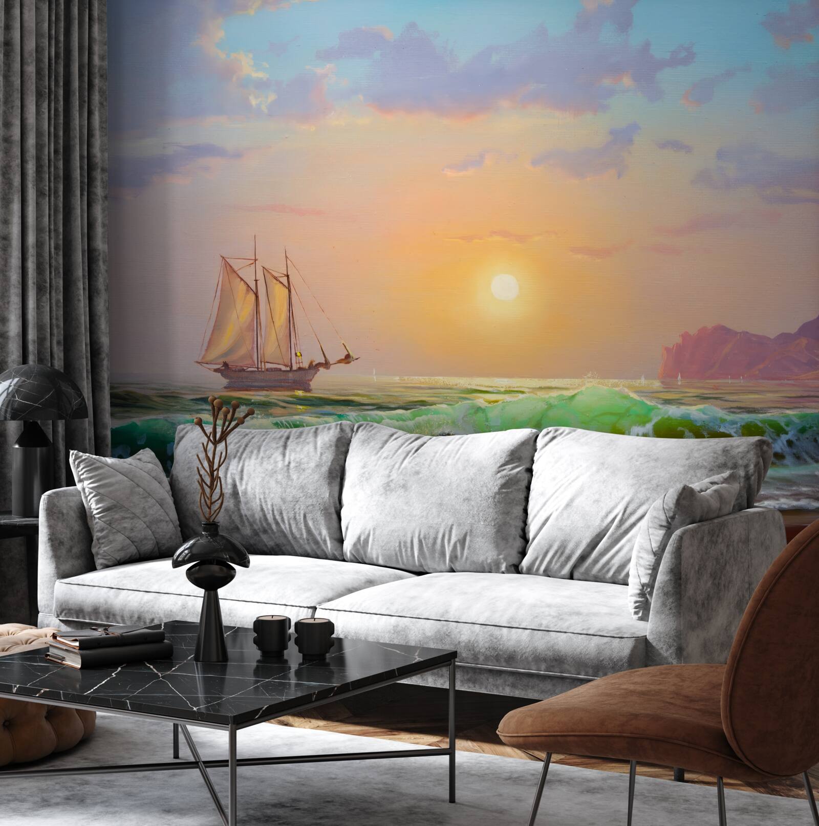 Fototapeta statek przepływa na tle zachodu słońca