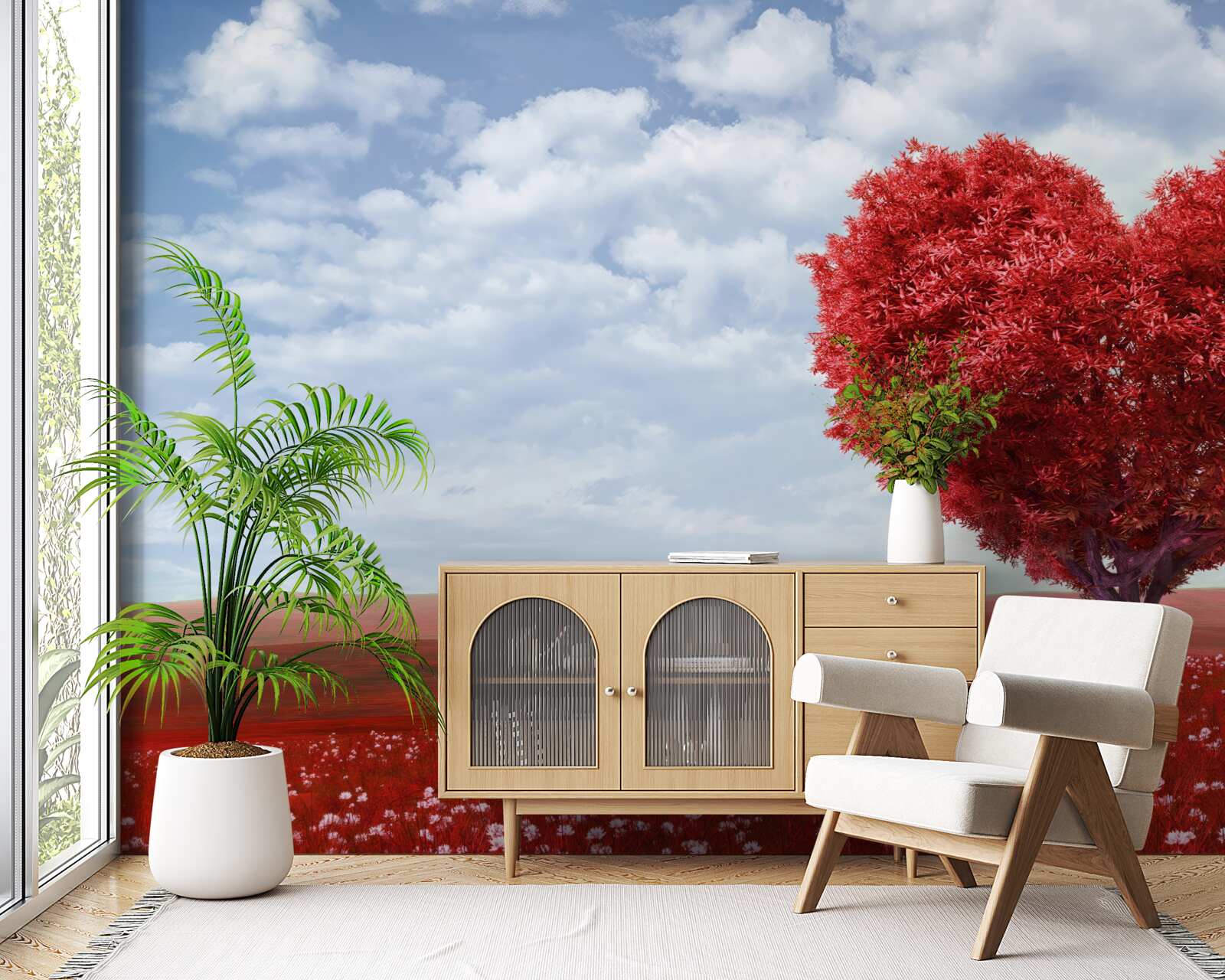 Fototapeta drzewo w kształcie serca, o szkarłatnych liściach