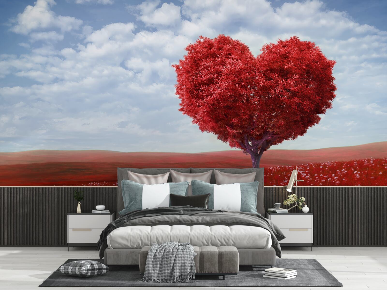 Fototapeta drzewo w kształcie serca, o szkarłatnych liściach