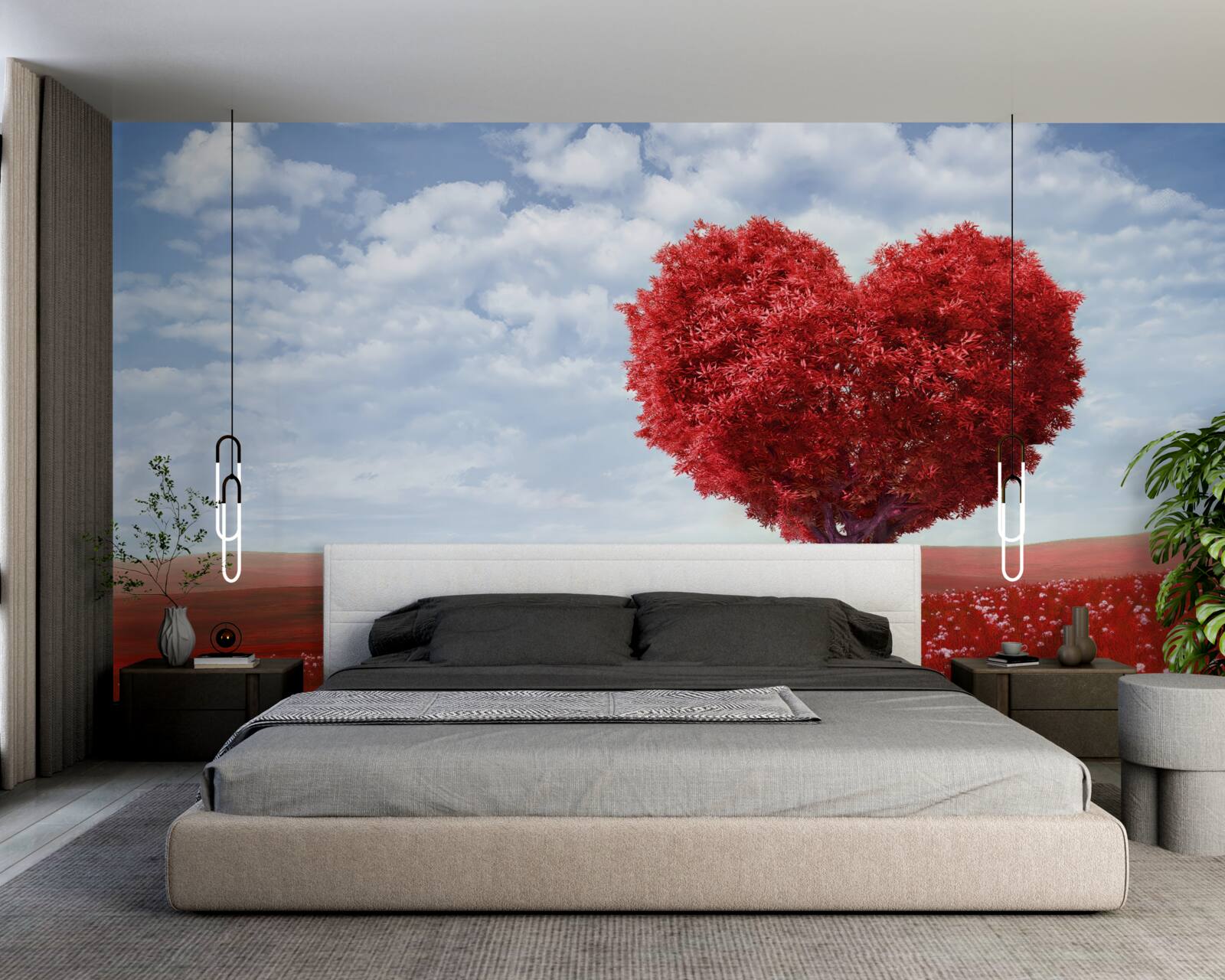 Fototapeta drzewo w kształcie serca, o szkarłatnych liściach