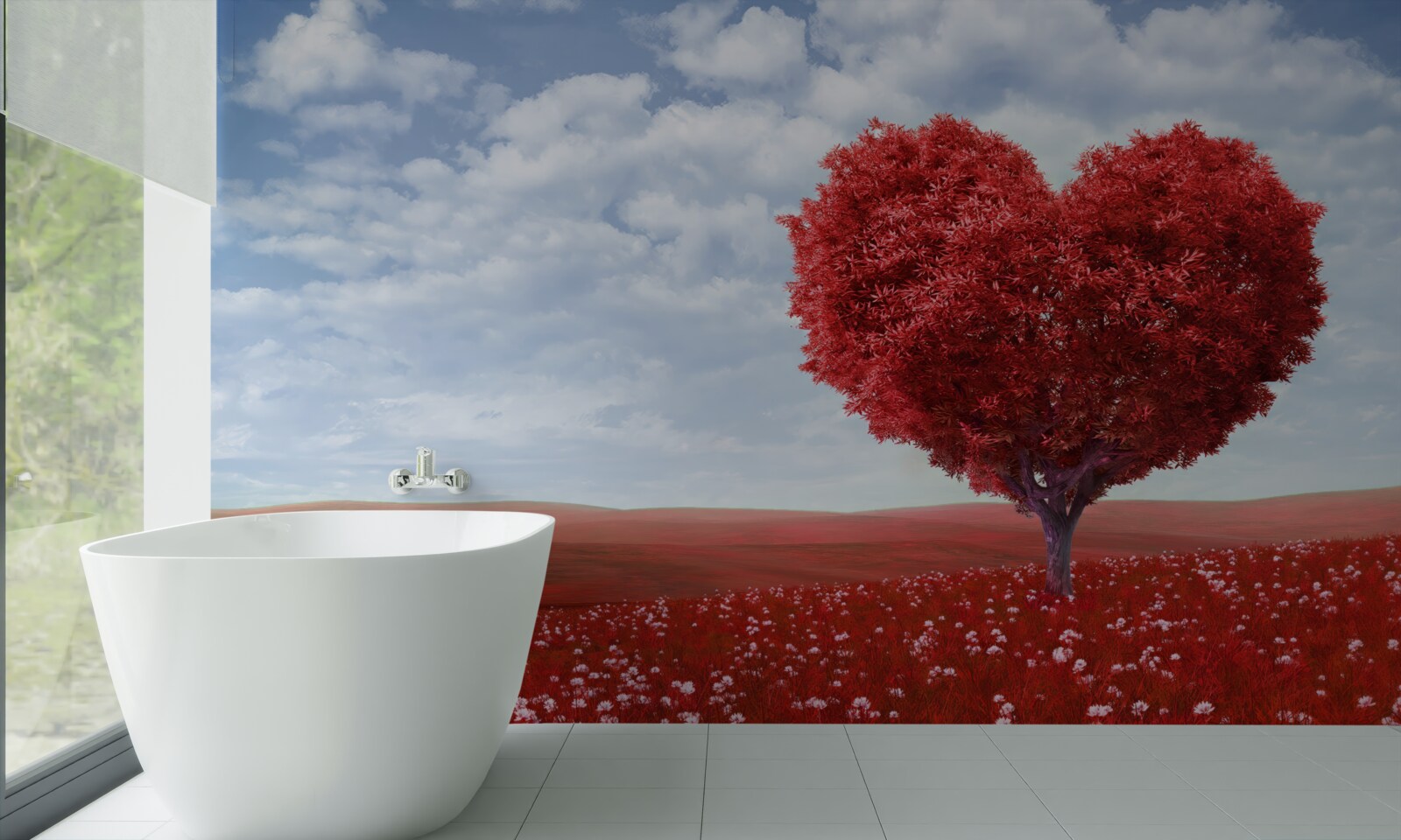 Fototapeta drzewo w kształcie serca, o szkarłatnych liściach
