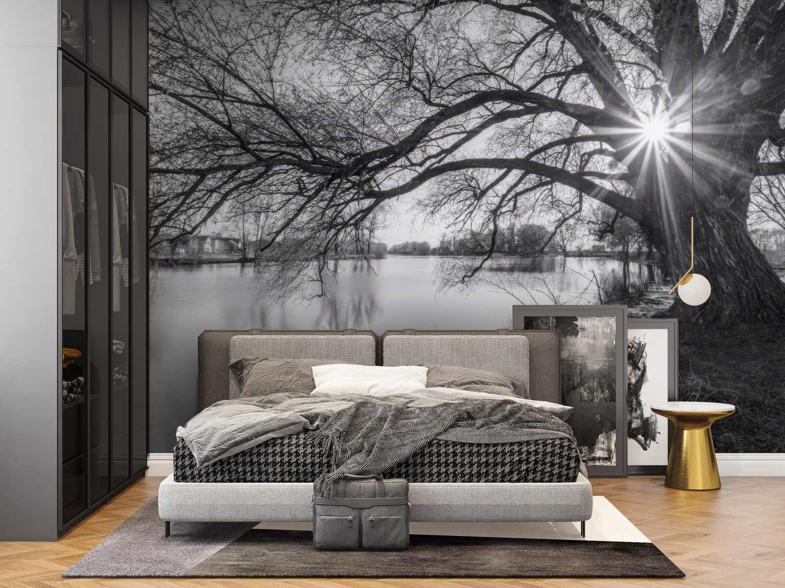 Fototapeta promień słońca przebija się przez gałęzie drzewa w pobliżu wody