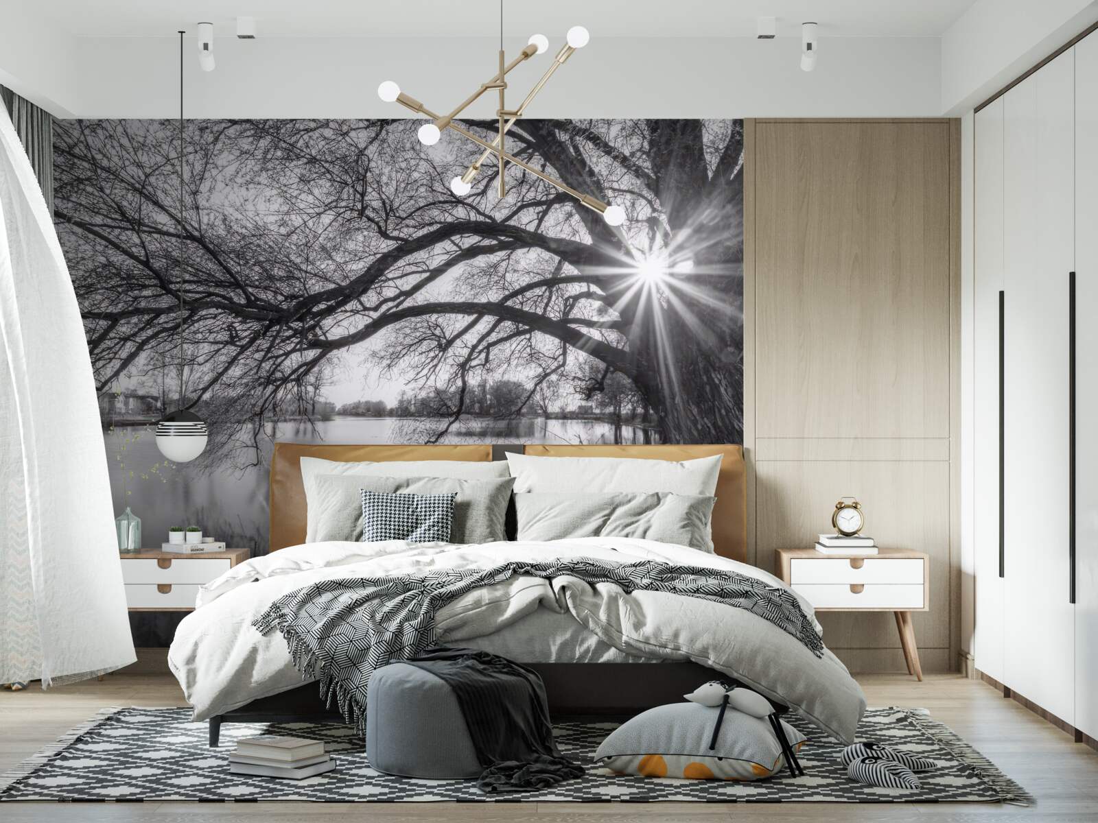 Fototapeta promień słońca przebija się przez gałęzie drzewa w pobliżu wody