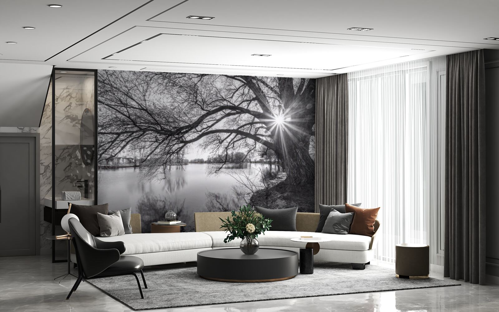 Fototapeta promień słońca przebija się przez gałęzie drzewa w pobliżu wody