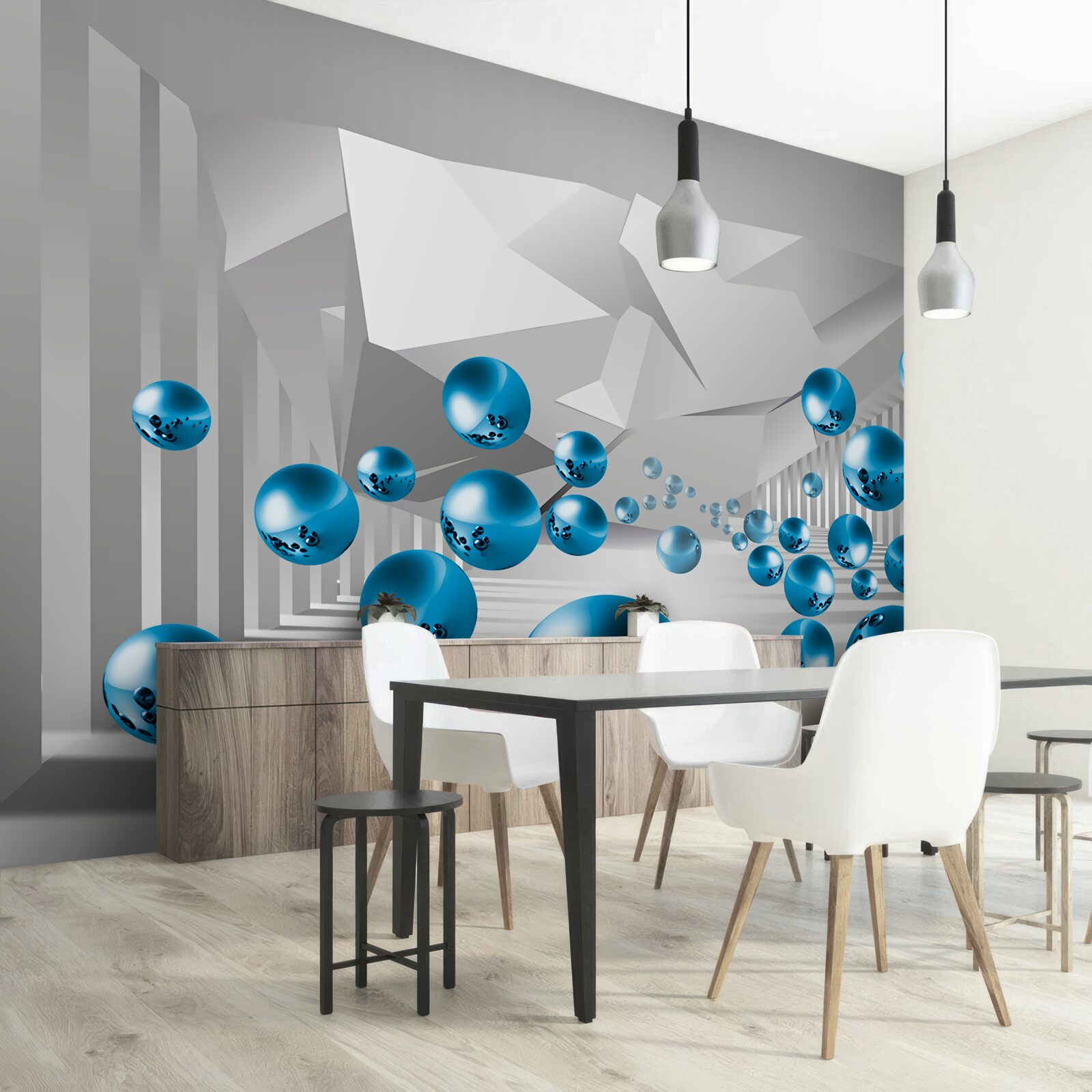 Fototapeta wolumetryczne niebieskie kulki na korytarzu