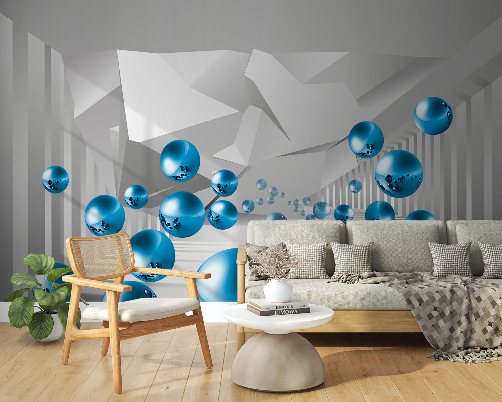Fototapeta wolumetryczne niebieskie kulki na korytarzu