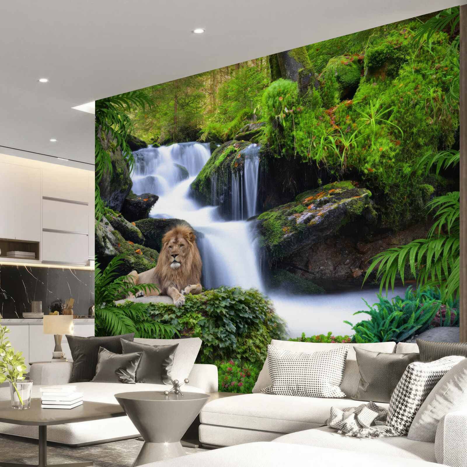 Fototapeta przy wodospadzie jest lew