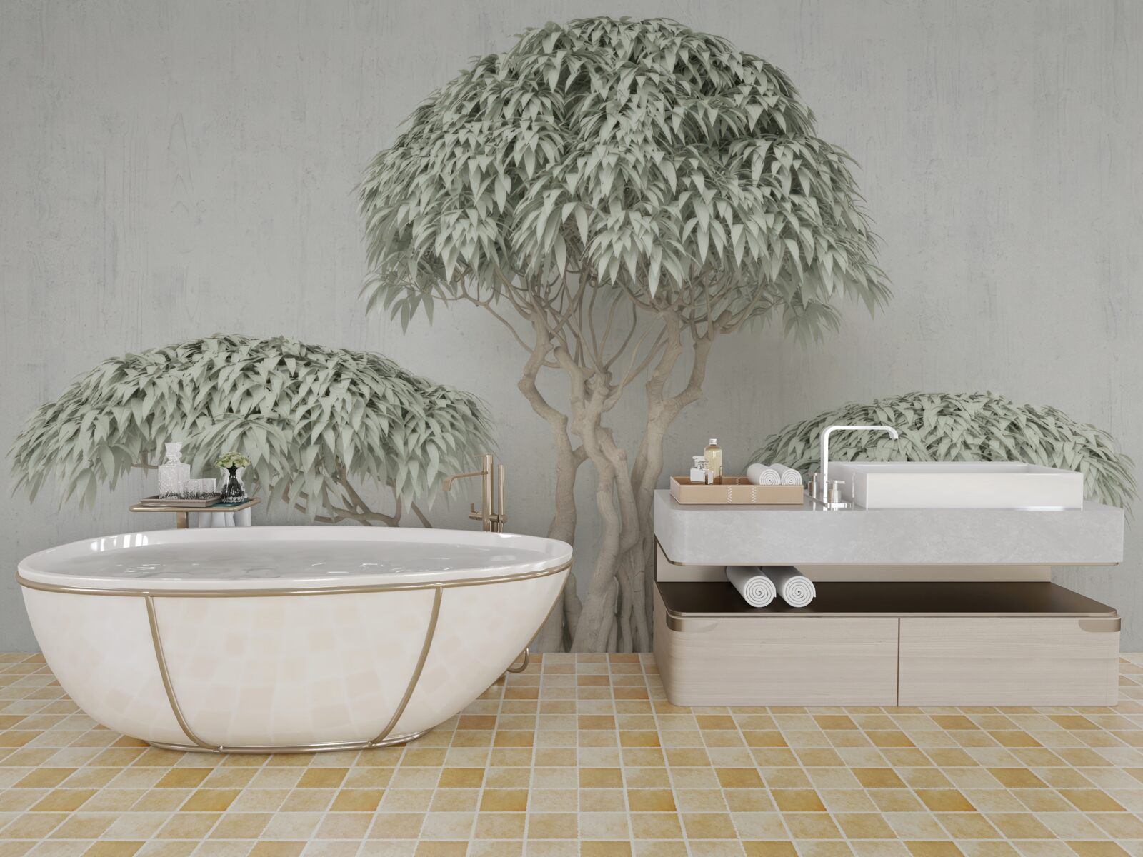 Fototapeta drzewo z liśćmi na szarym tle