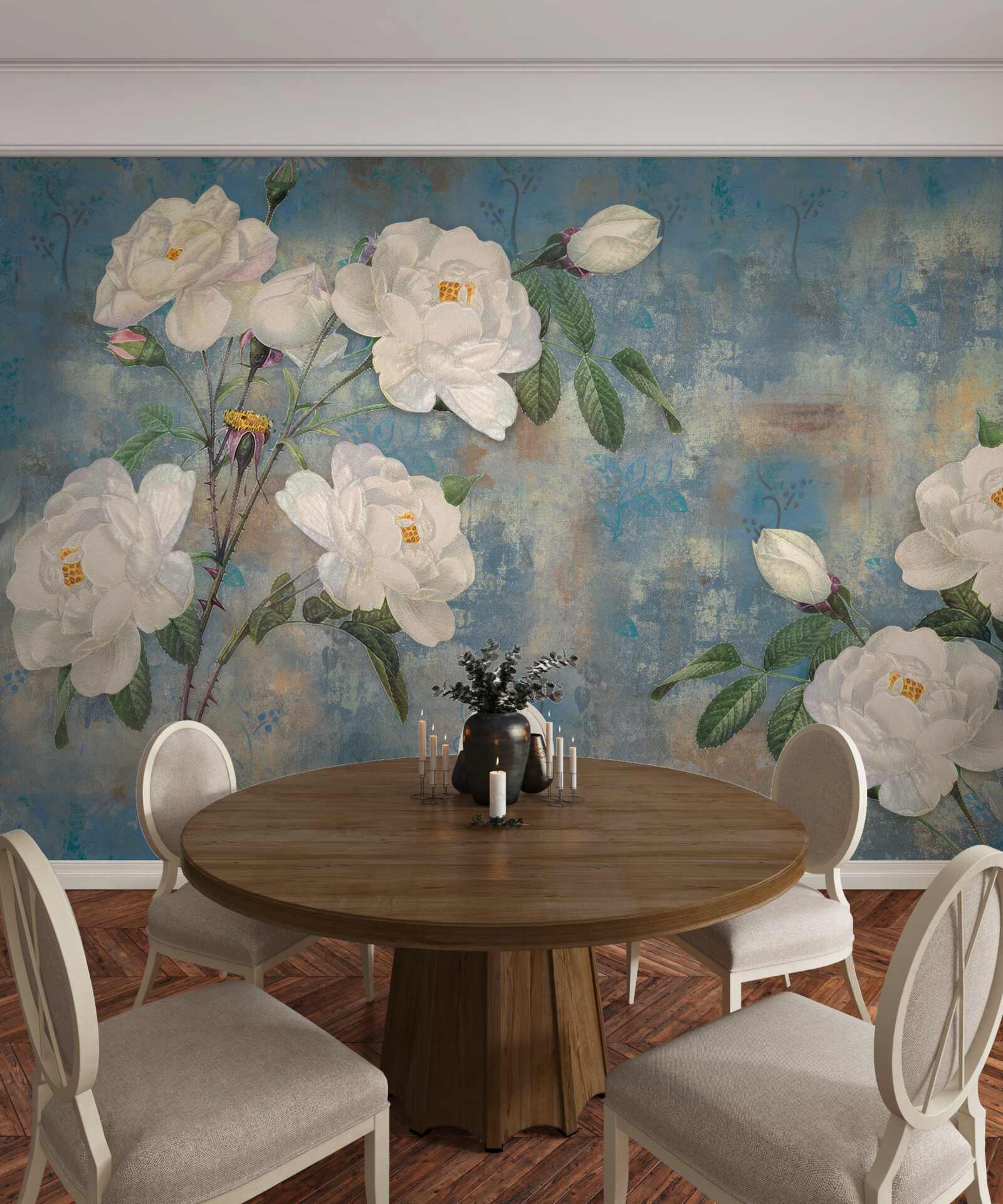 Fototapeta białe róże na gałęziach