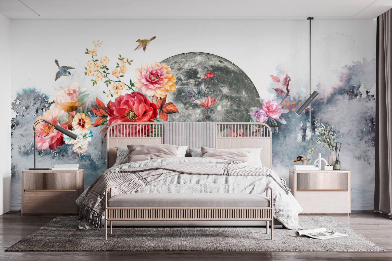 Fototapeta kwiaty, księżyc w pełni i ptaki