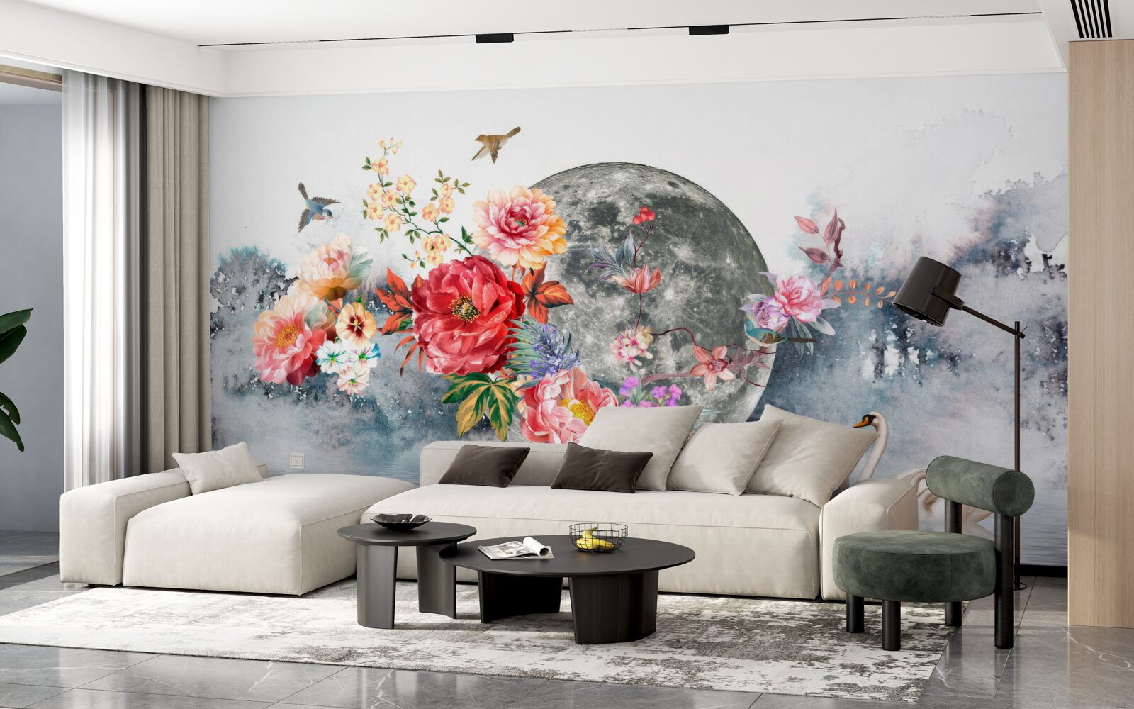 Fototapeta kwiaty, księżyc w pełni i ptaki