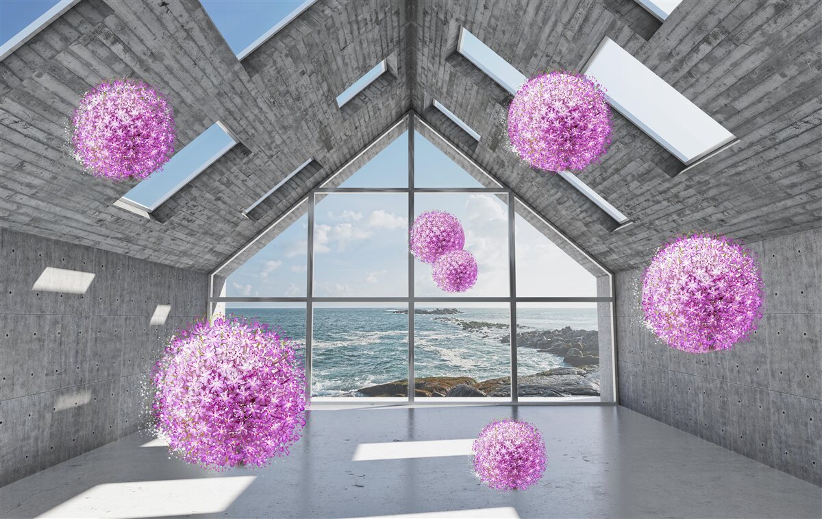 Fototapeta fioletowe kulki i malowniczy krajobraz za oknem