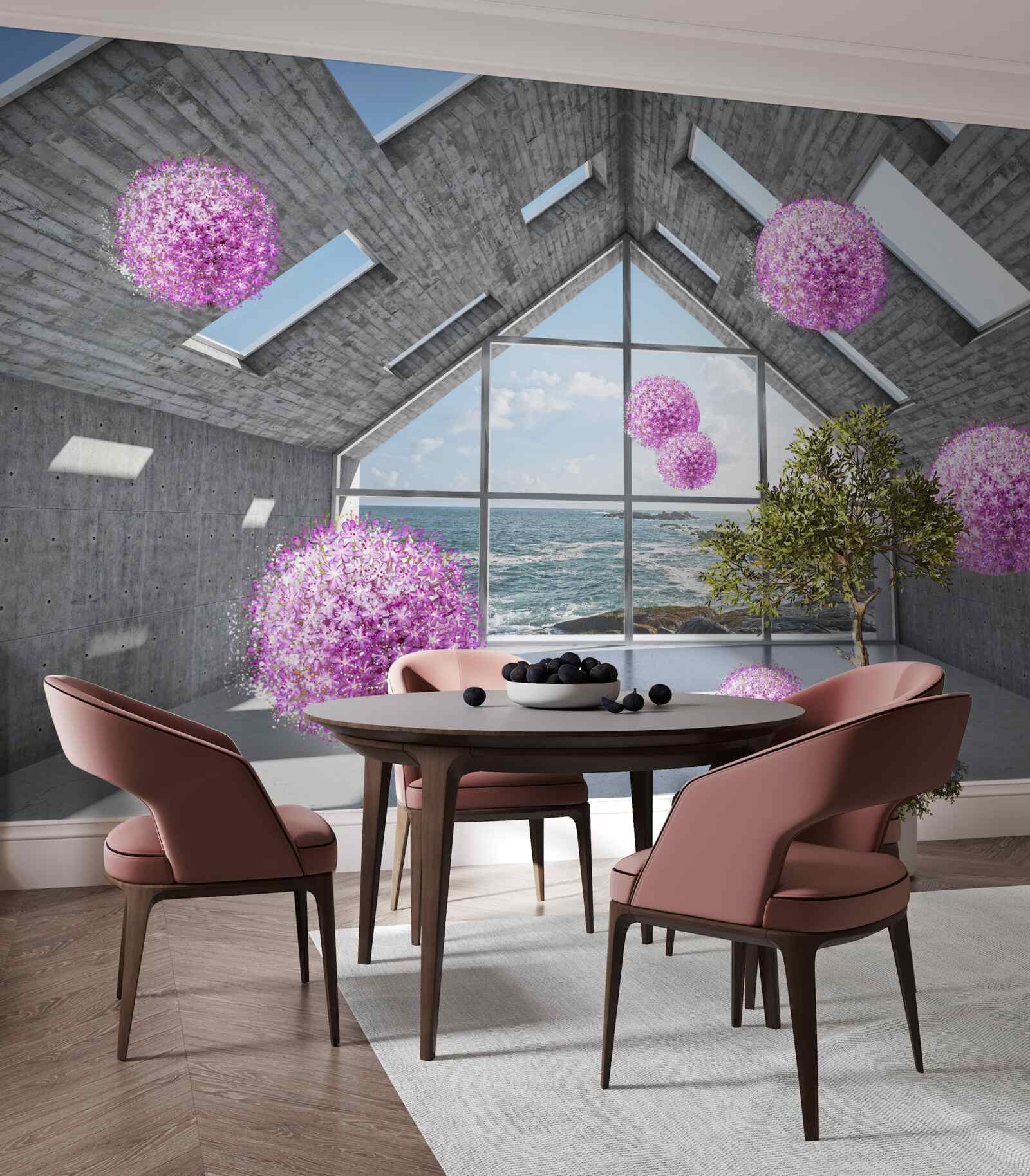 Fototapeta fioletowe kulki i malowniczy krajobraz za oknem