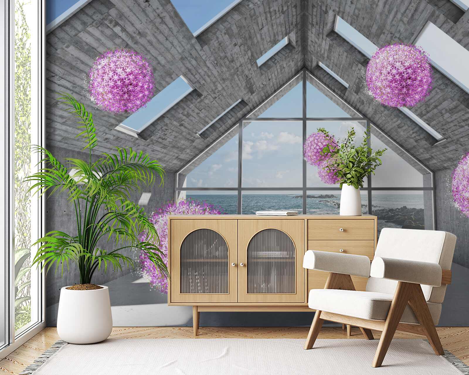 Fototapeta fioletowe kulki i malowniczy krajobraz za oknem