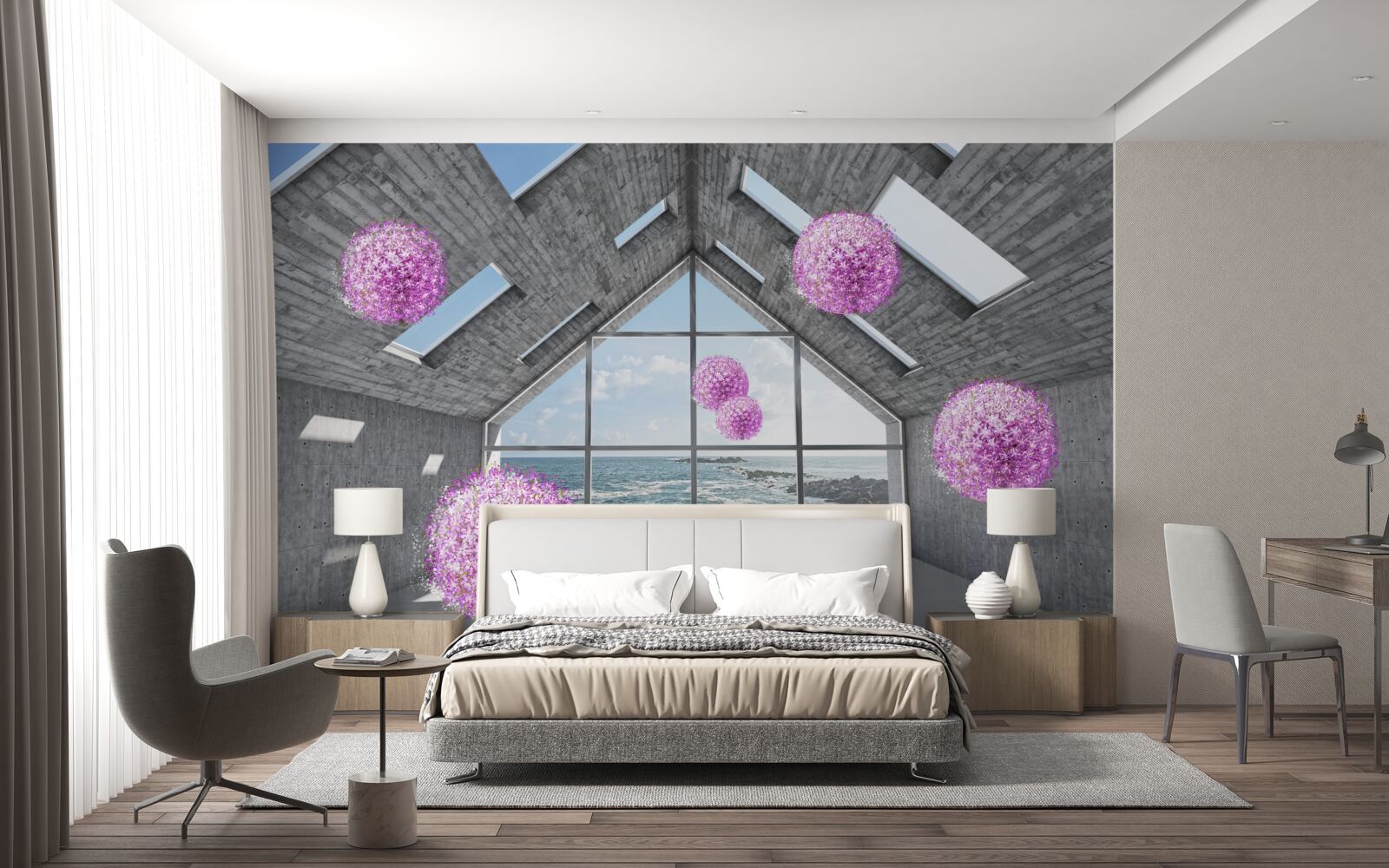 Fototapeta fioletowe kulki i malowniczy krajobraz za oknem