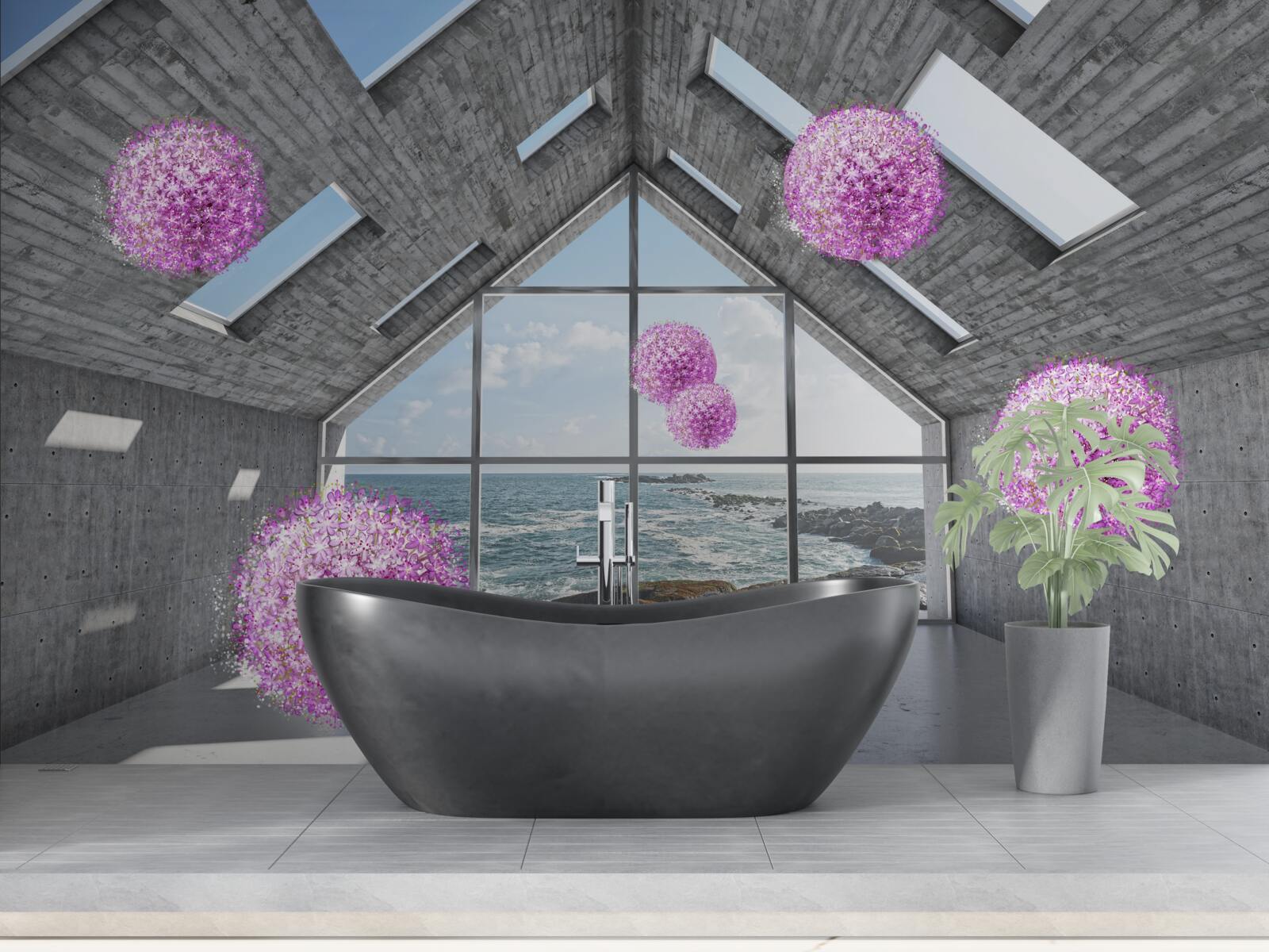 Fototapeta fioletowe kulki i malowniczy krajobraz za oknem