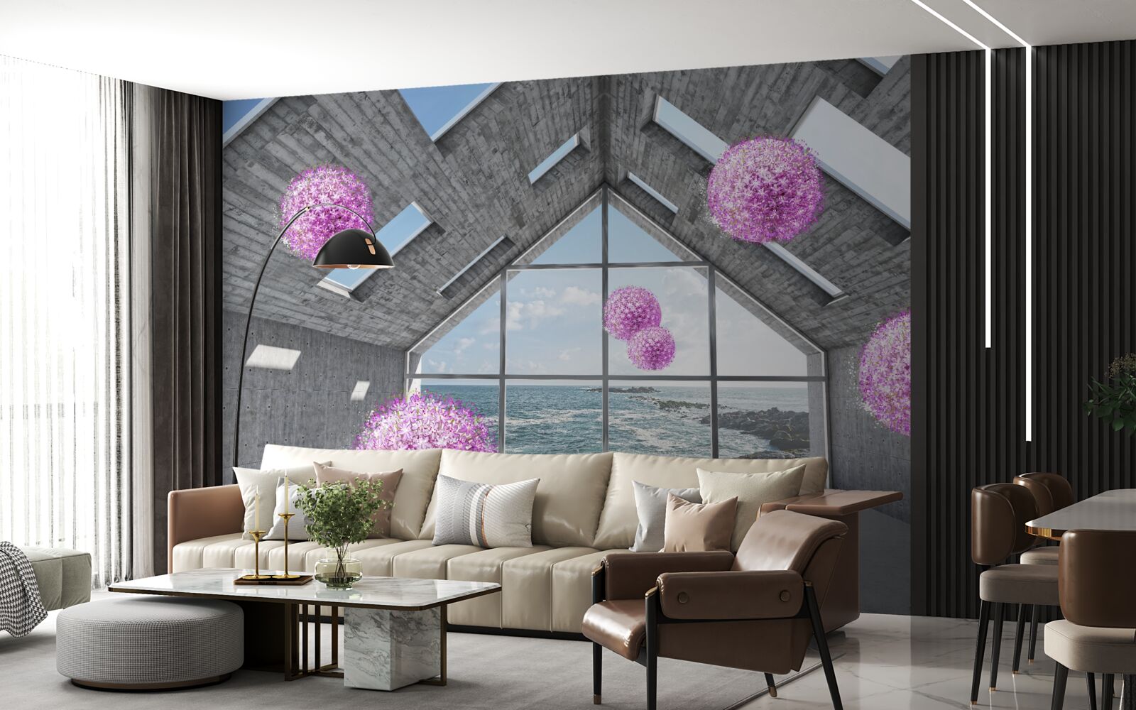 Fototapeta fioletowe kulki i malowniczy krajobraz za oknem