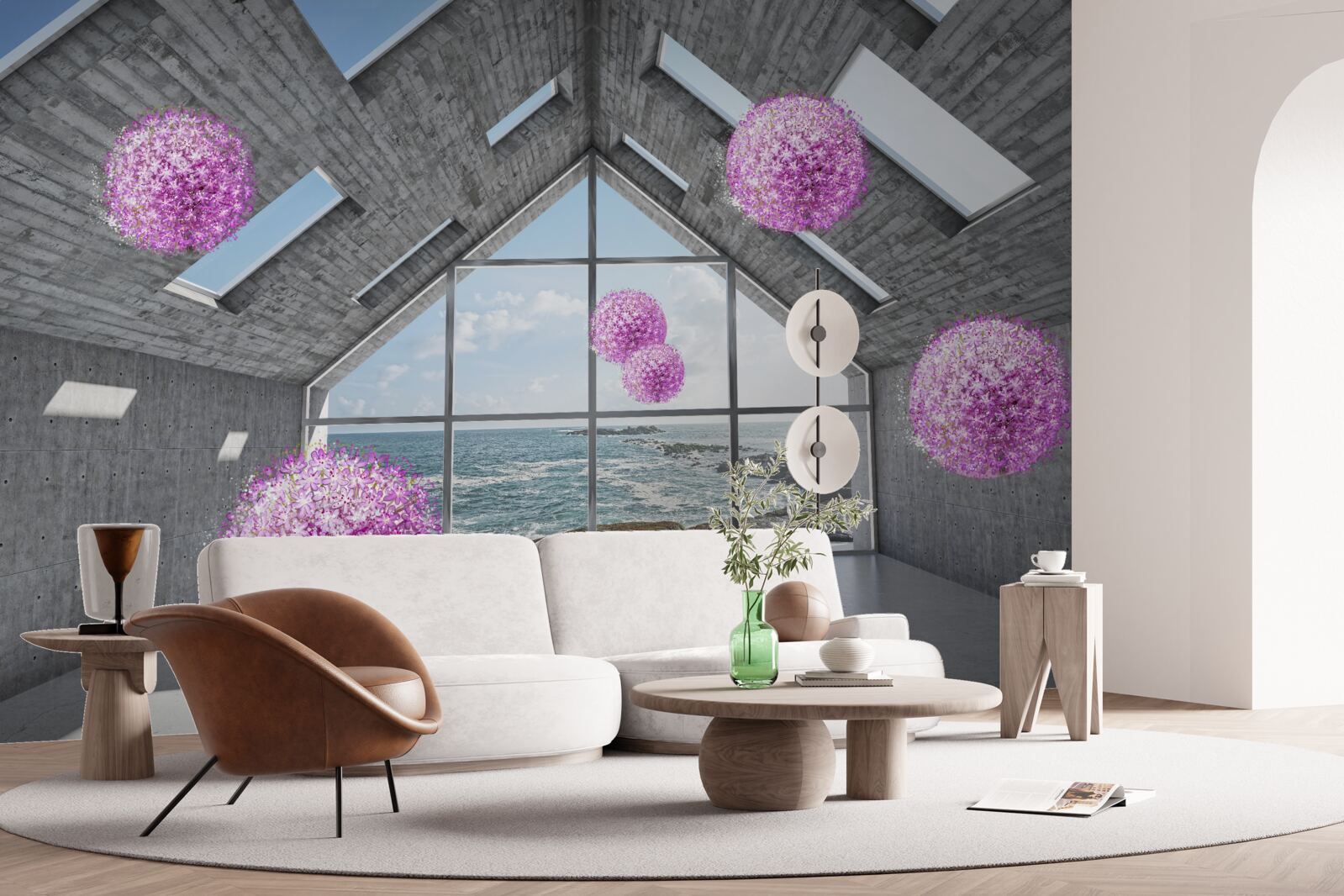 Fototapeta fioletowe kulki i malowniczy krajobraz za oknem