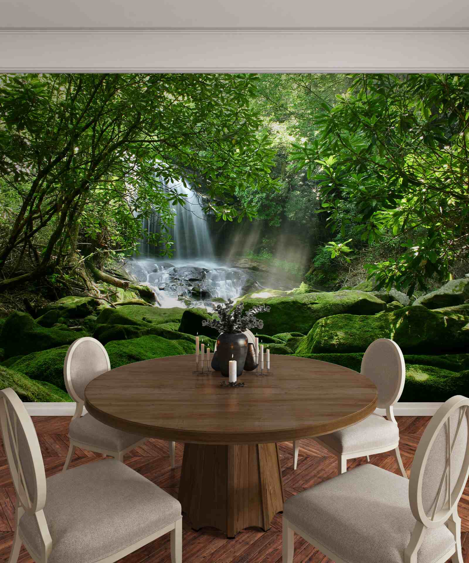 Fototapeta wodospad otoczony bujną zielenią i drzewami