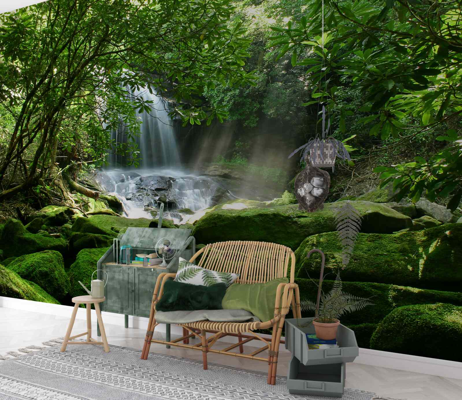 Fototapeta wodospad otoczony bujną zielenią i drzewami