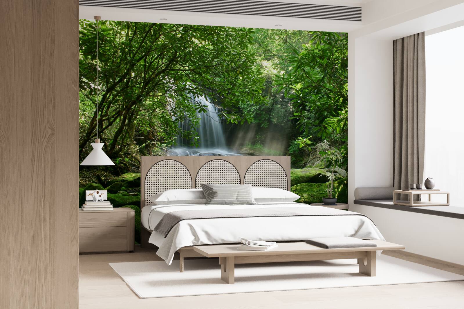 Fototapeta wodospad otoczony bujną zielenią i drzewami