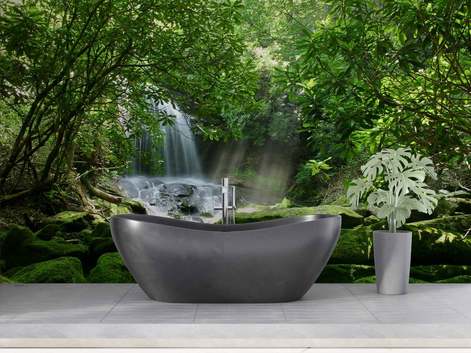 Fototapeta wodospad otoczony bujną zielenią i drzewami