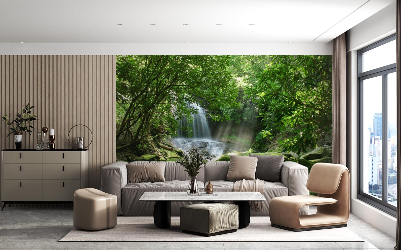 Fototapeta wodospad otoczony bujną zielenią i drzewami