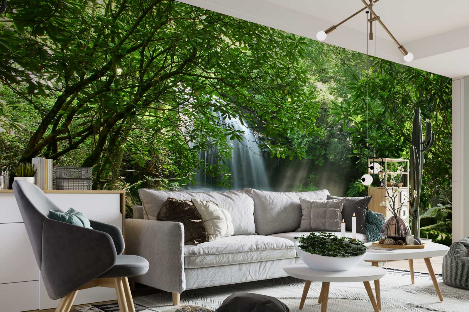 Fototapeta wodospad otoczony bujną zielenią i drzewami