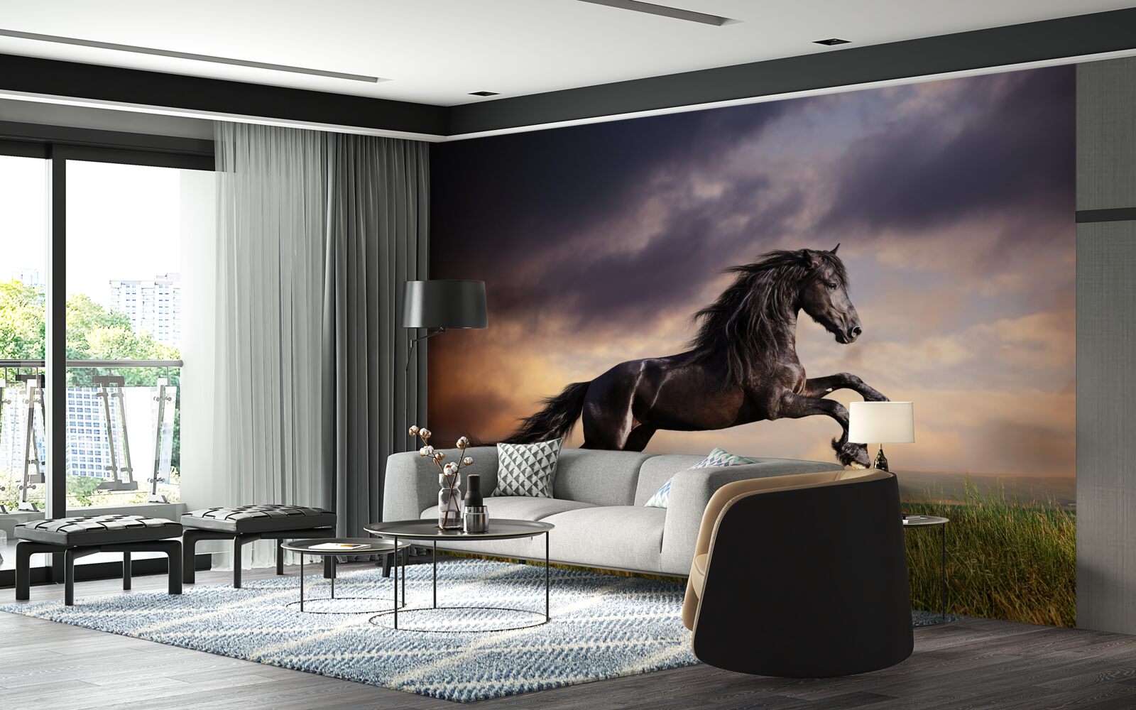 Fototapeta koń galopuje na tle ciemnego nieba