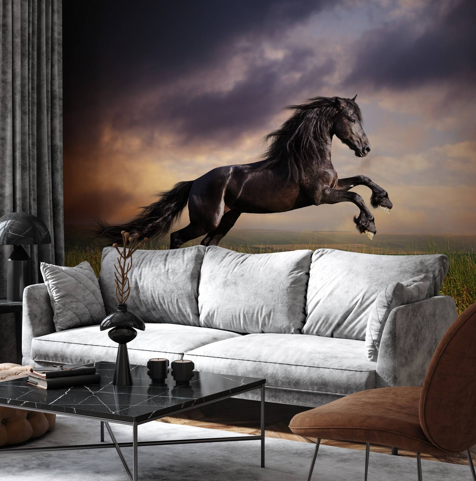 Fototapeta koń galopuje na tle ciemnego nieba