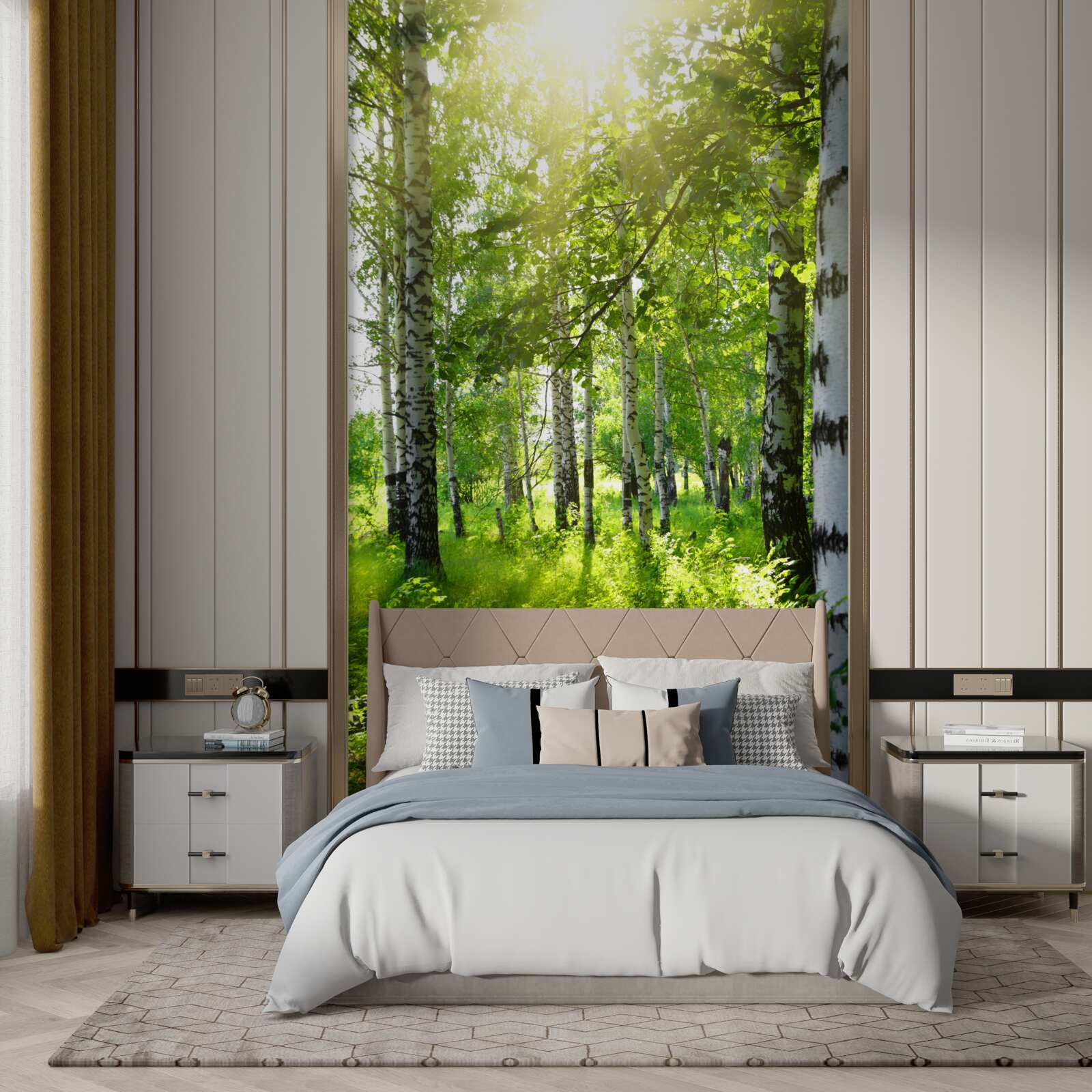 Fototapeta promienie słońca w gaju brzozowym